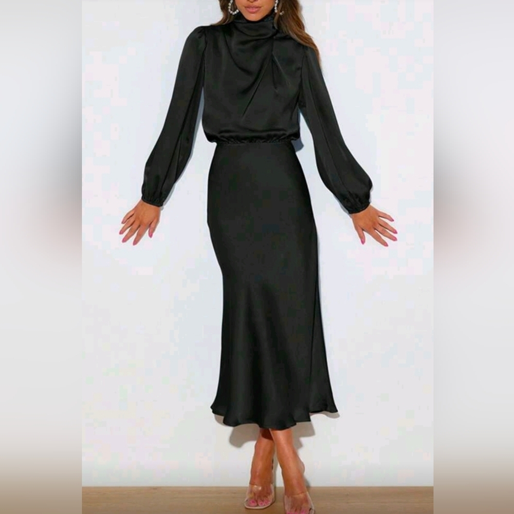 NEW Chic Draped Wrap Halter Neck Satin Midi Dress Bishop Long Sleeve Black - Picture 6 of 9